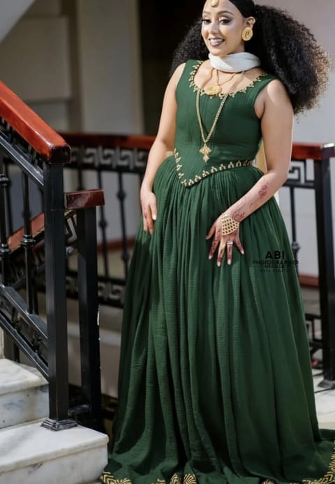 Greenish Habesha Kemis|Modern Style|New Design|Zuria|Chiffon