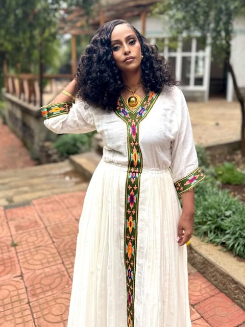 Traditional Kemis Dress – White Traditional Dress with Colorful Handwoven Embroidery